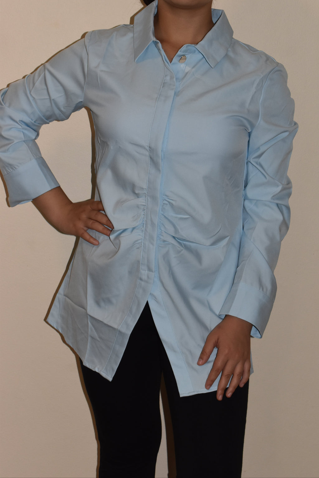 Elegant Light Blue Tie-Waist Long Sleeve Tunic Shirt – Modest Casual Blouse