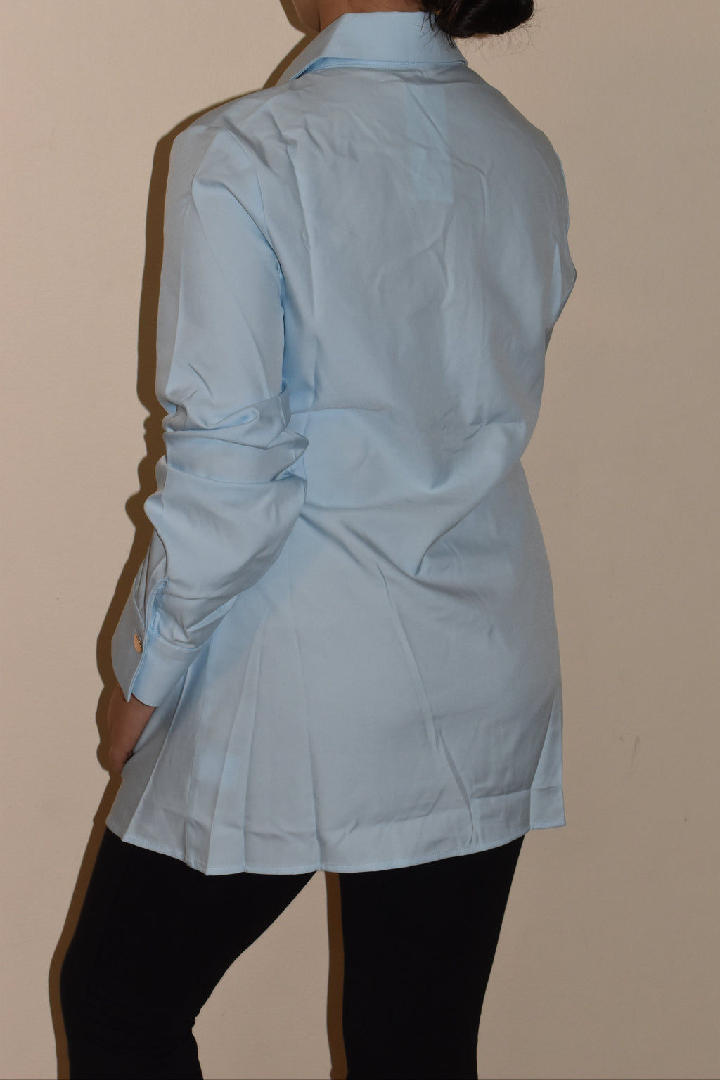Elegant Light Blue Tie-Waist Long Sleeve Tunic Shirt – Modest Casual Blouse